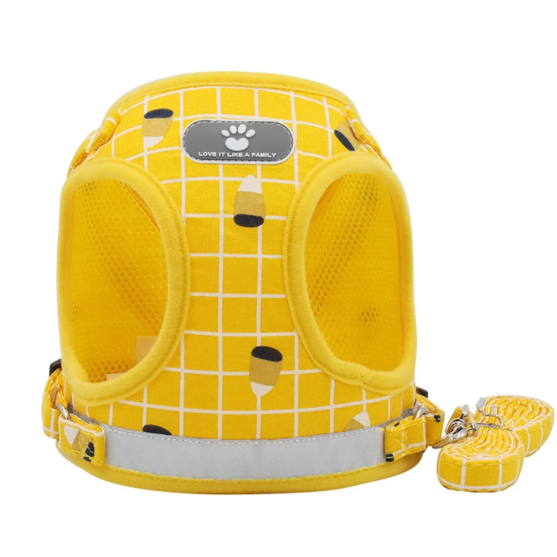 Reflective Breathable Mesh Small Dog Harness with Leash Pug