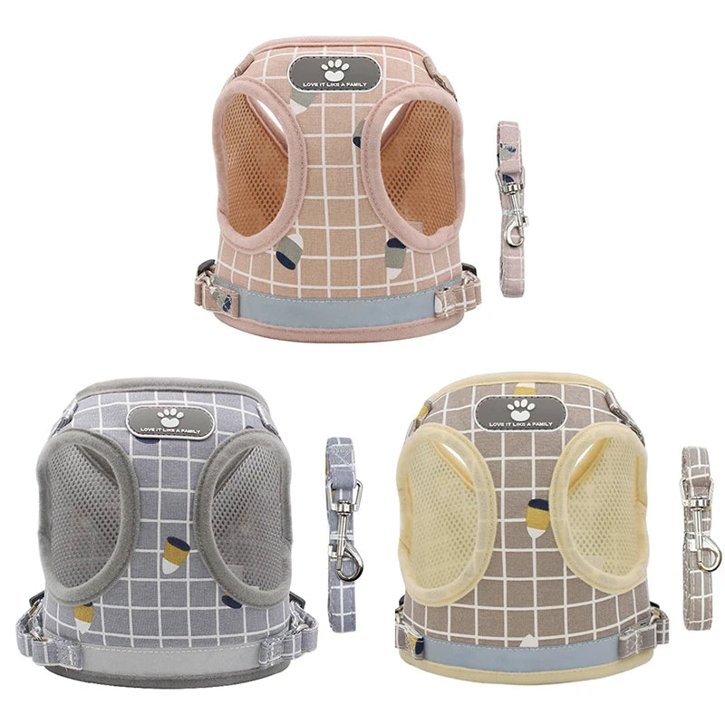 Reflective Breathable Mesh Small Dog Harness with Leash Pug