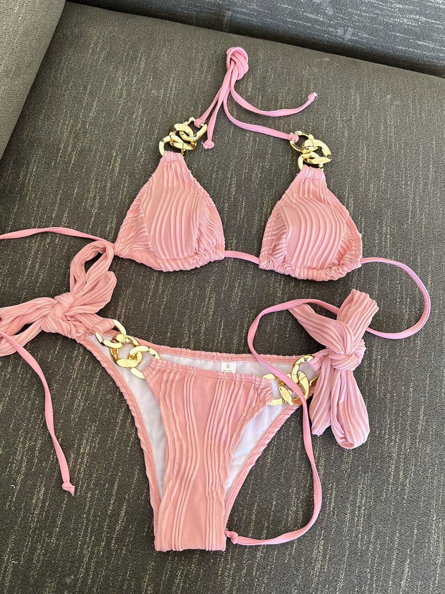 Color sólido separa el traje de baño cadena Bikini cordón traje de baño femenino triángulo Sexy Bikini