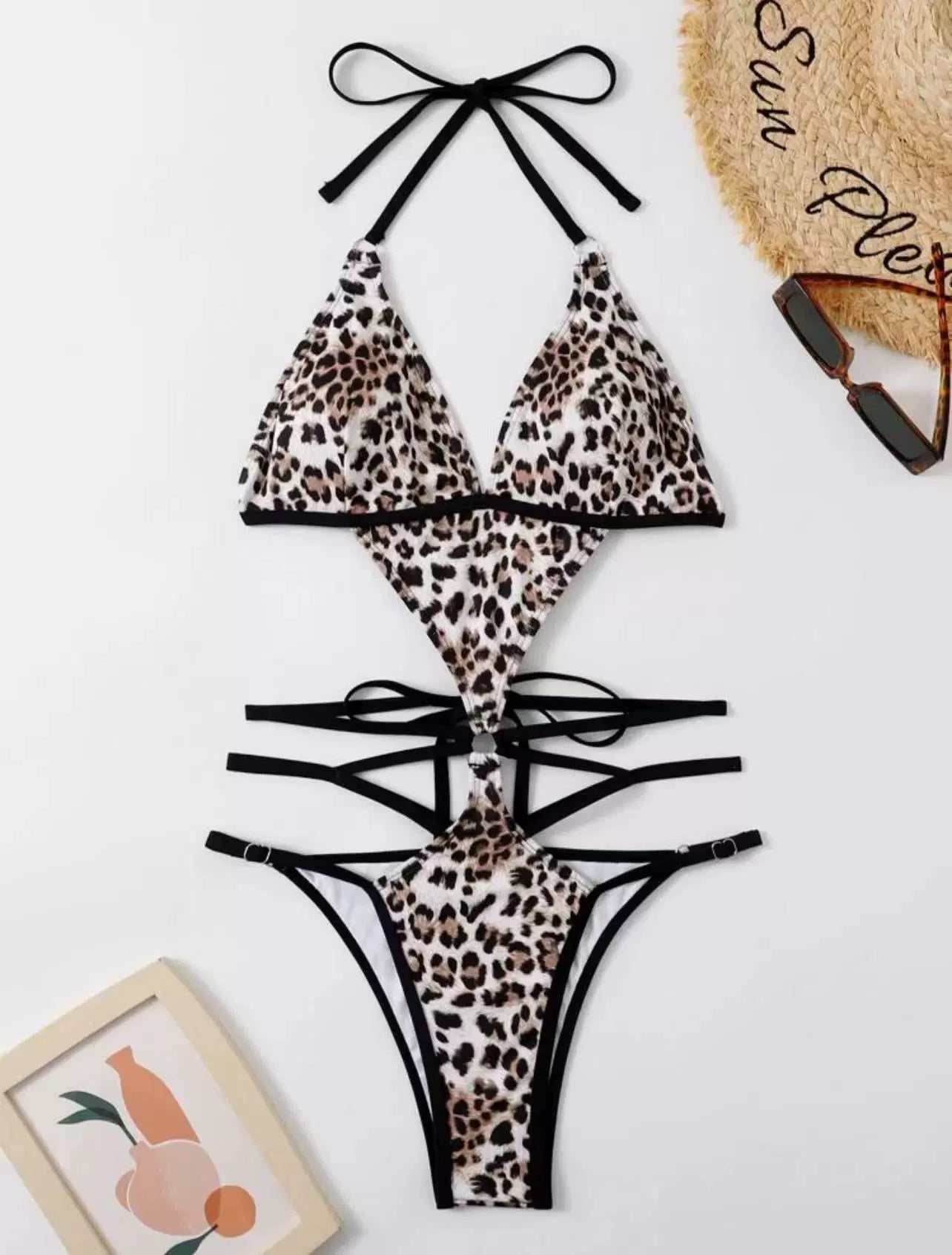 Traje de baño de una pieza con estampado de leopardo, informal, sin mangas, con cordones, para mujer, para vacaciones, buceo, traje de baño sexy europeo y americano con almohadilla para el pecho