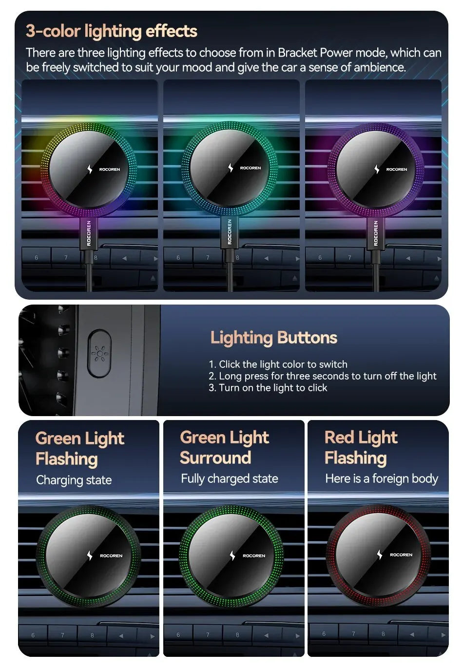Cargador inalámbrico para soporte de teléfono para automóvil con luz RGB