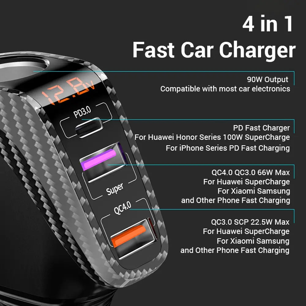 USB Car Charger With 90W Cigarette Lighter Expansion Port
